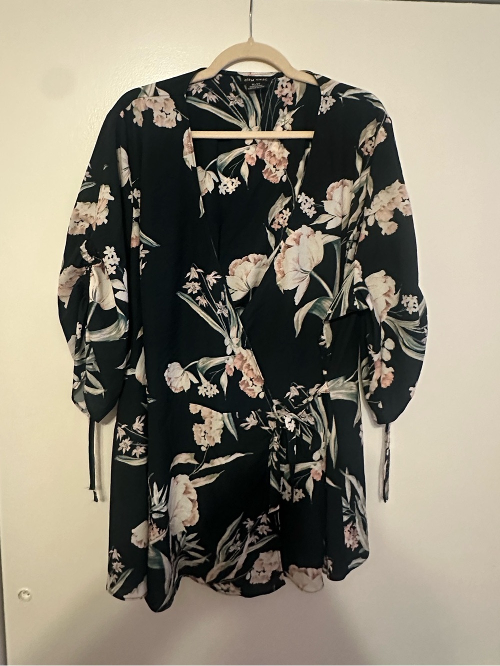 City Chic Black Floral Wrap Top with Pale Pink & Cream Blooms
